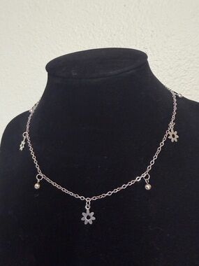 Stainless Steel Flower Charm Necklace - Delicate Daisy and Ball Pendant